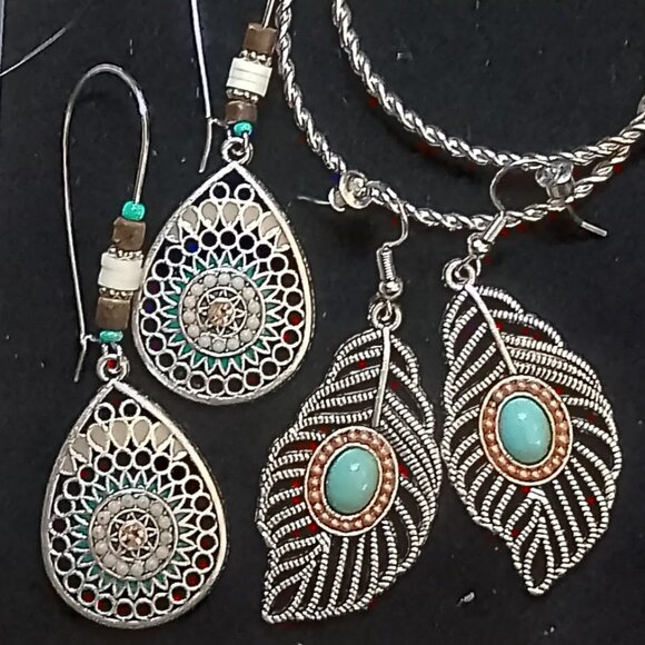 SALE! 3 PAIRS BOHO EARRINGS, Silvery, Faux Turquoise BLUE BUNNY'S BOHO BAUBLES - Picture 7 of 9